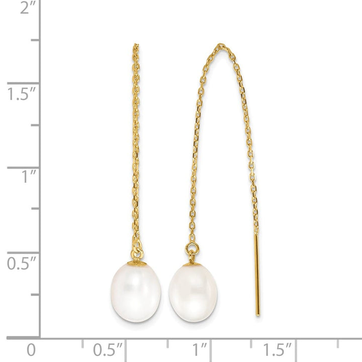 14K Yellow Gold 7-8mm White Rice Freshwater Pearl Cable Earrings
