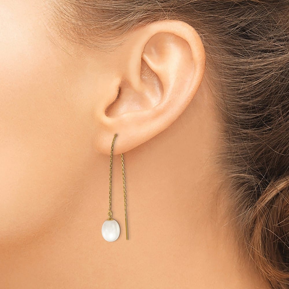 14K Yellow Gold 7-8mm White Rice Freshwater Pearl Cable Earrings