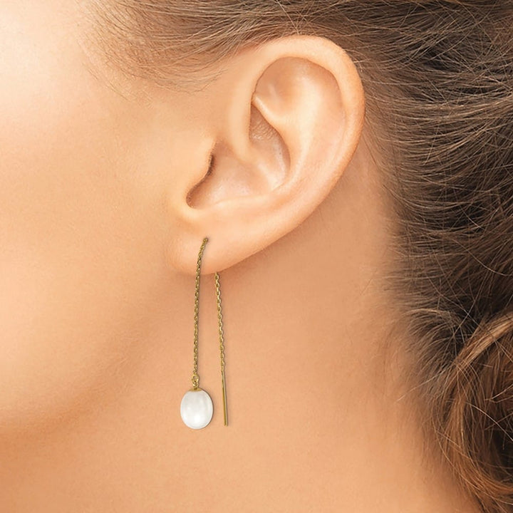 14K Yellow Gold 7-8mm White Rice Freshwater Pearl Cable Earrings