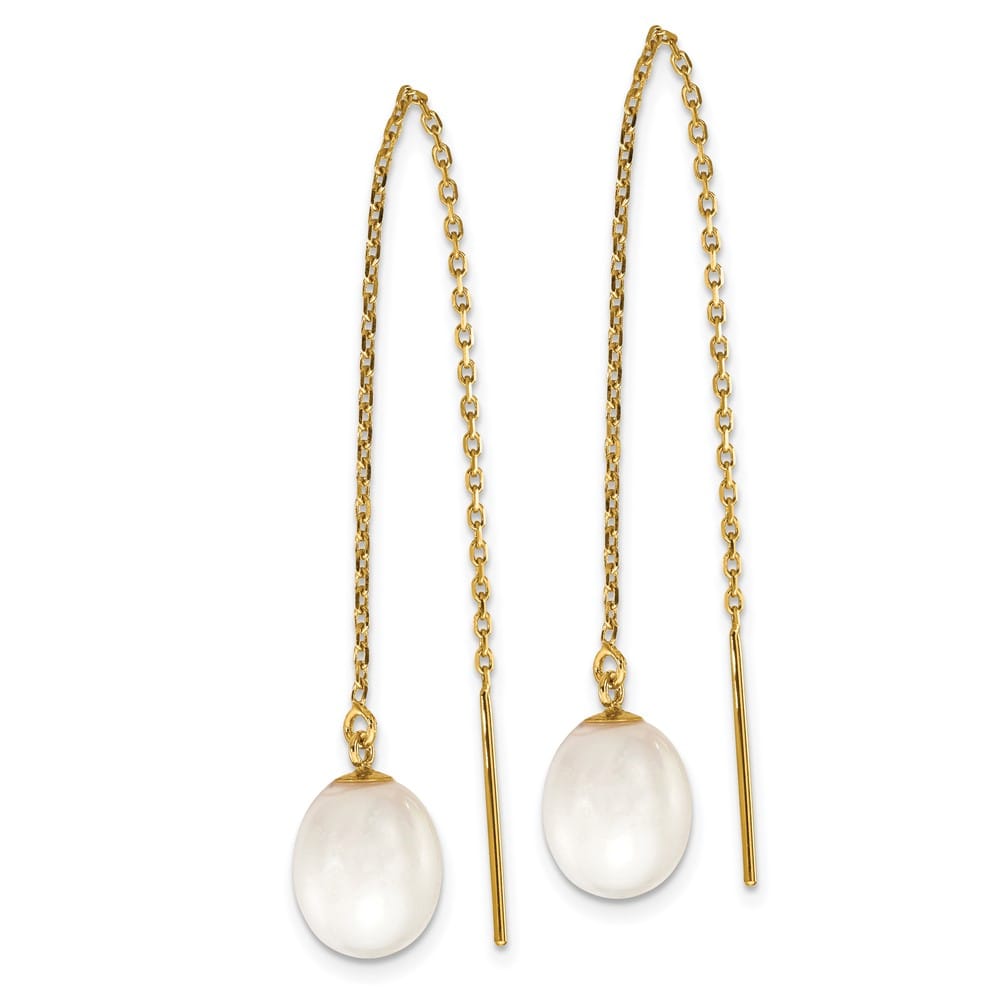 14K Yellow Gold 7-8mm White Rice Freshwater Pearl Cable Earrings