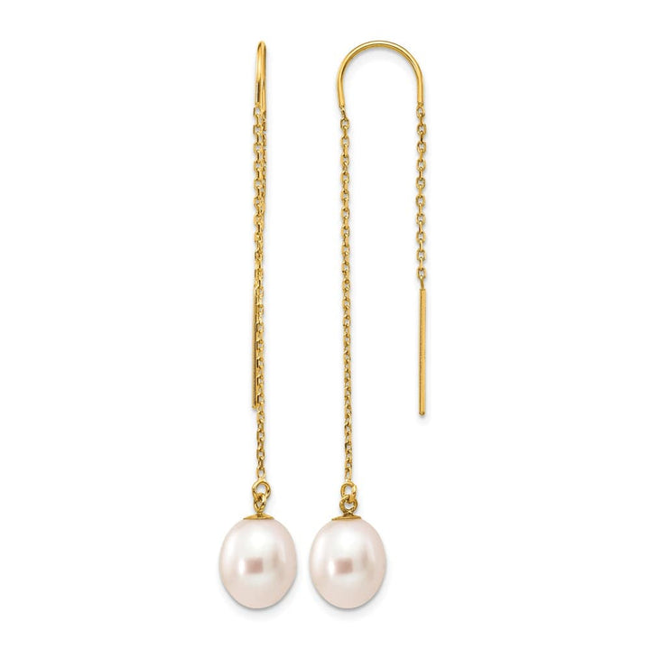 14K Yellow Gold 7-8mm White Rice Freshwater Pearl Dangle Earrings