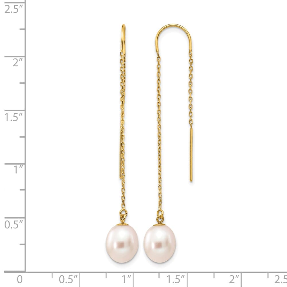 14K Yellow Gold 7-8mm White Rice Freshwater Pearl Dangle Earrings