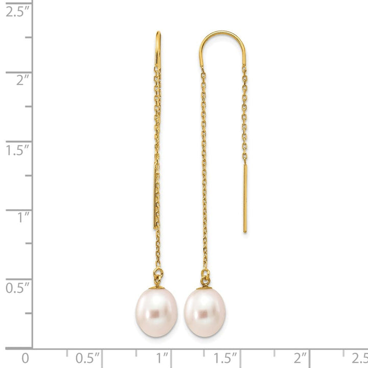 14K Yellow Gold 7-8mm White Rice Freshwater Pearl Dangle Earrings