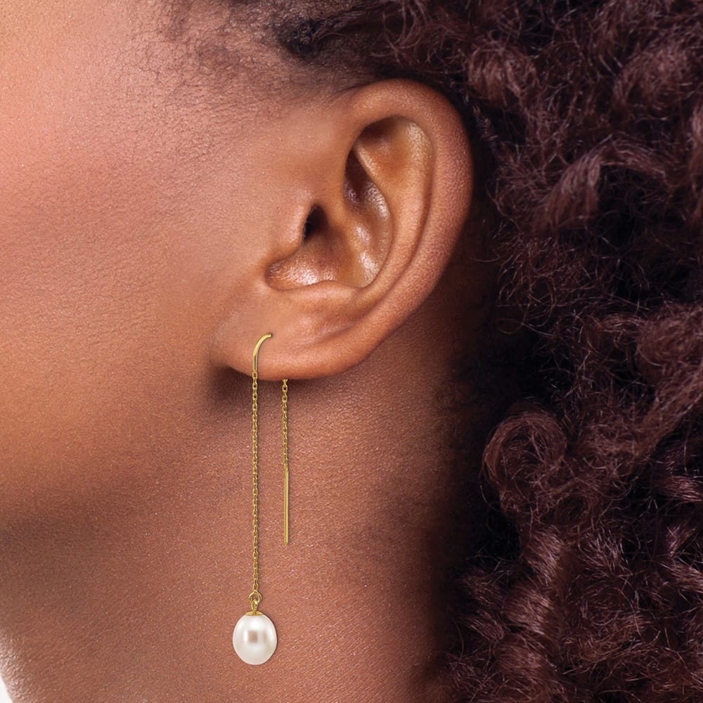 14K Yellow Gold 7-8mm White Rice Freshwater Pearl Dangle Earrings