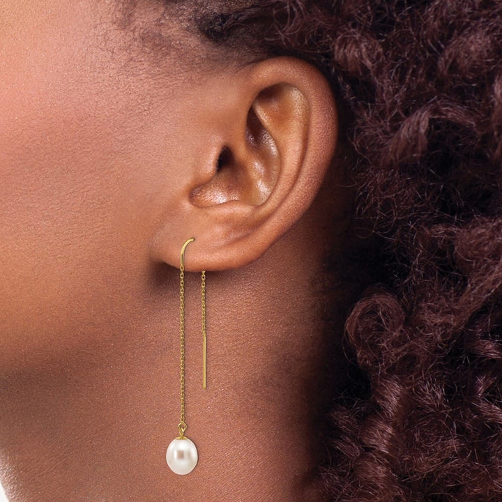 14K Yellow Gold 7-8mm White Rice Freshwater Pearl Dangle Earrings