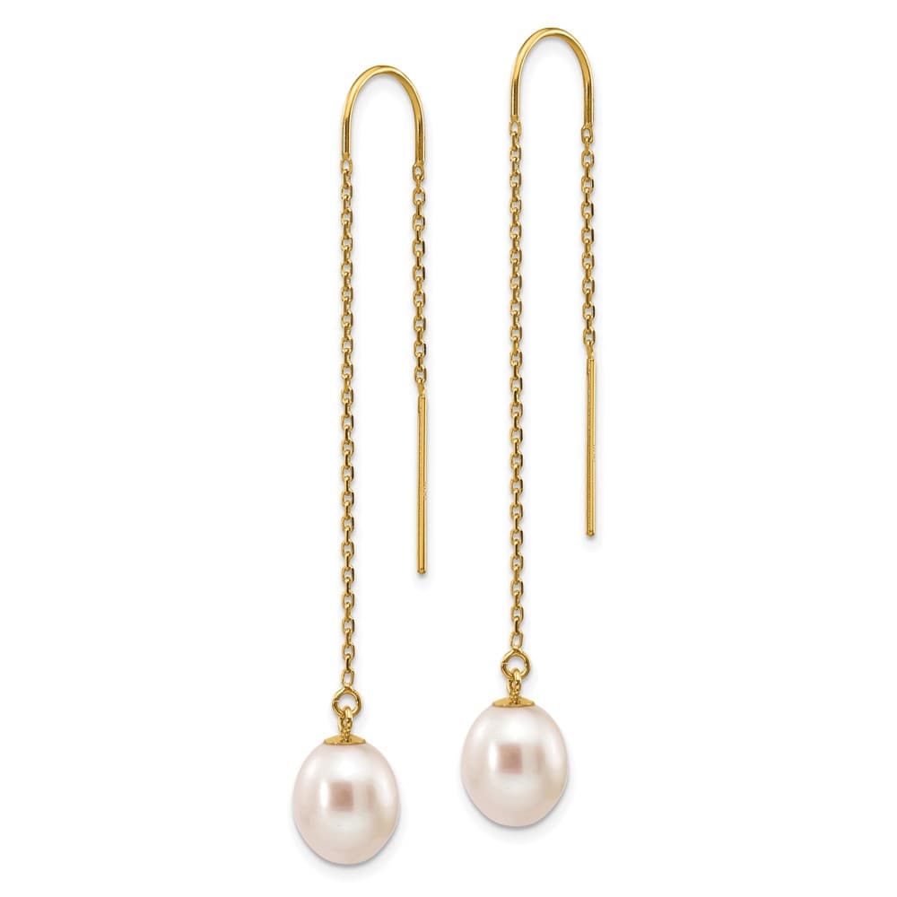 14K Yellow Gold 7-8mm White Rice Freshwater Pearl Dangle Earrings