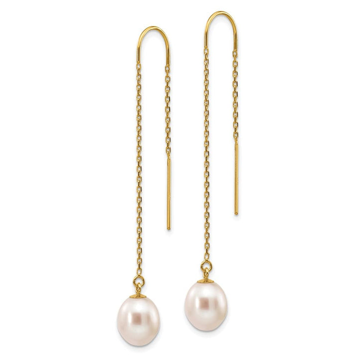 14K Yellow Gold 7-8mm White Rice Freshwater Pearl Dangle Earrings
