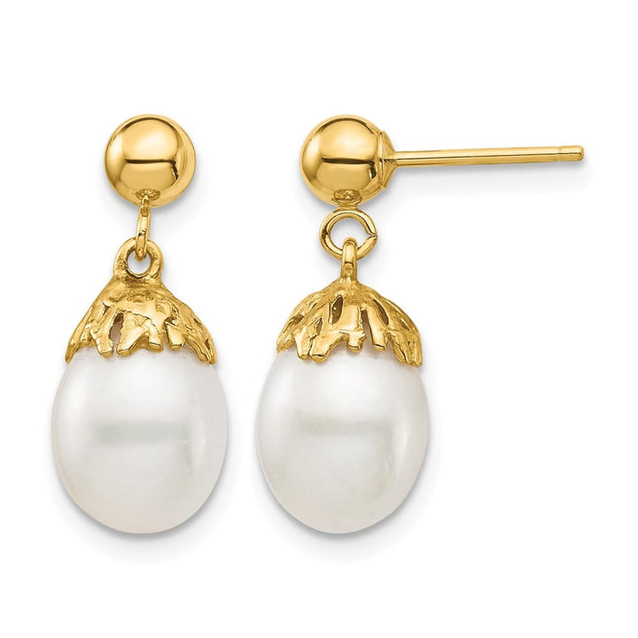 14K Yellow Gold 7-8mm White Rice Freshwater Pearl Post Dangle Earrings