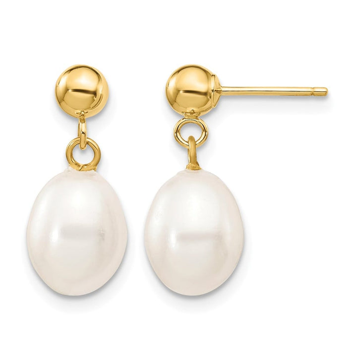 14K Yellow Gold 7-8mm White Rice Freshwater Pearl Post Dangle Earrings