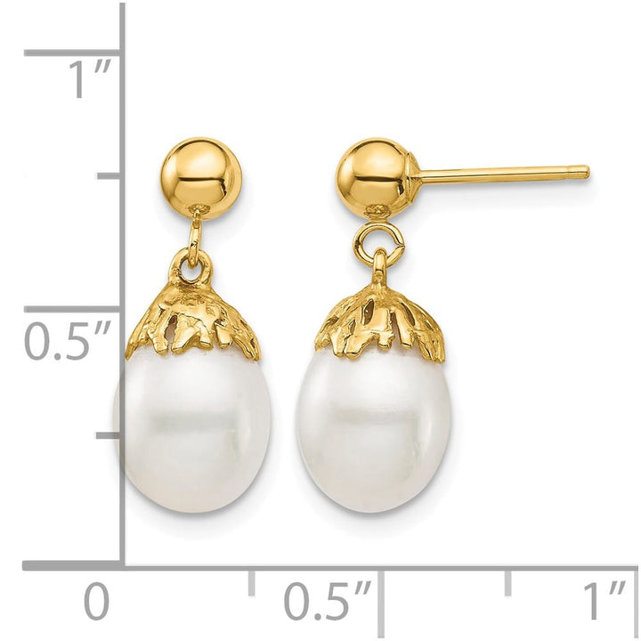 14K Yellow Gold 7-8mm White Rice Freshwater Pearl Post Dangle Earrings