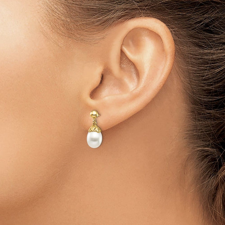 14K Yellow Gold 7-8mm White Rice Freshwater Pearl Post Dangle Earrings
