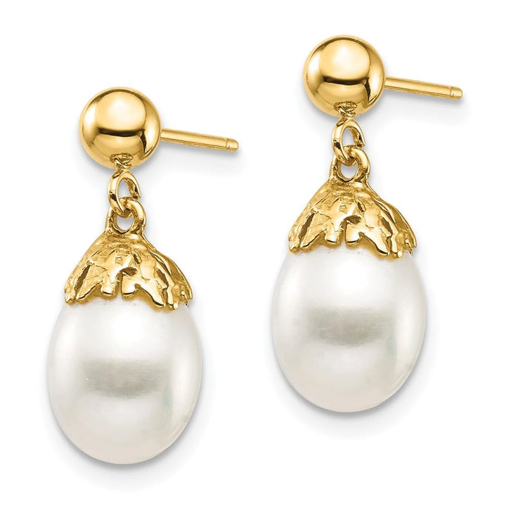 14K Yellow Gold 7-8mm White Rice Freshwater Pearl Post Dangle Earrings