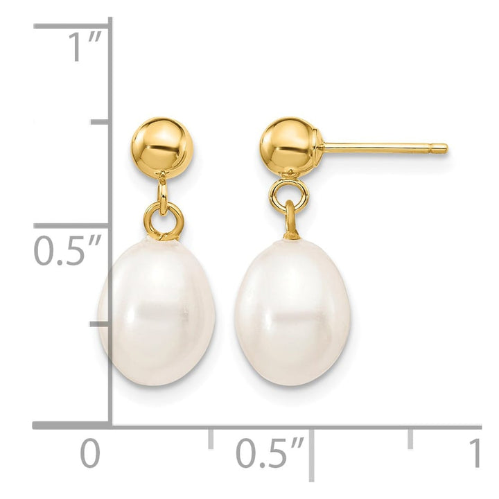 14K Yellow Gold 7-8mm White Rice Freshwater Pearl Post Dangle Earrings