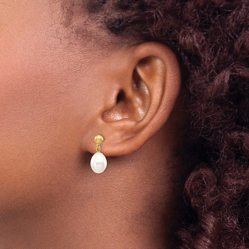 14K Yellow Gold 7-8mm White Rice Freshwater Pearl Post Dangle Earrings