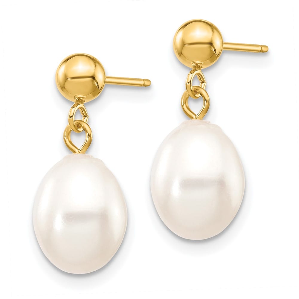 14K Yellow Gold 7-8mm White Rice Freshwater Pearl Post Dangle Earrings