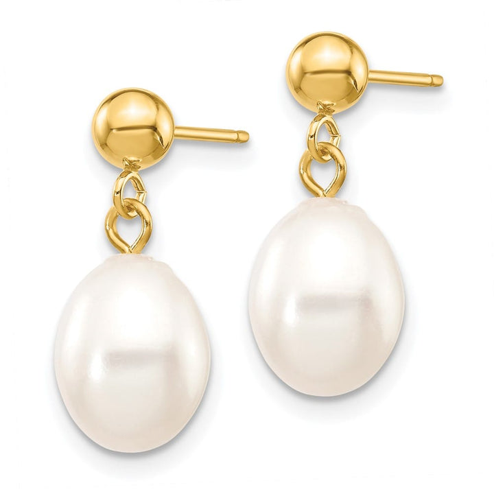 14K Yellow Gold 7-8mm White Rice Freshwater Pearl Post Dangle Earrings