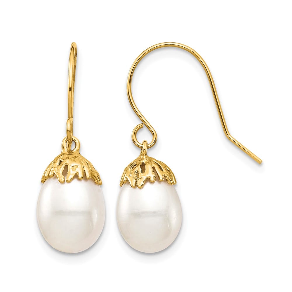 14K Yellow Gold 7-8mm White Rice Freshwater Pearl Shepherd Earrings