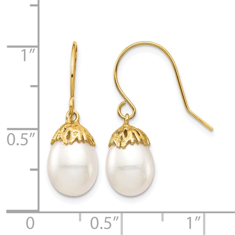 14K Yellow Gold 7-8mm White Rice Freshwater Pearl Shepherd Earrings