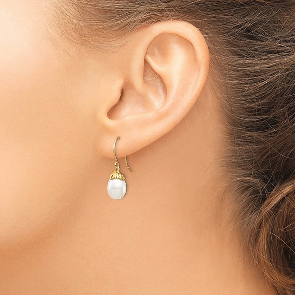 14K Yellow Gold 7-8mm White Rice Freshwater Pearl Shepherd Earrings