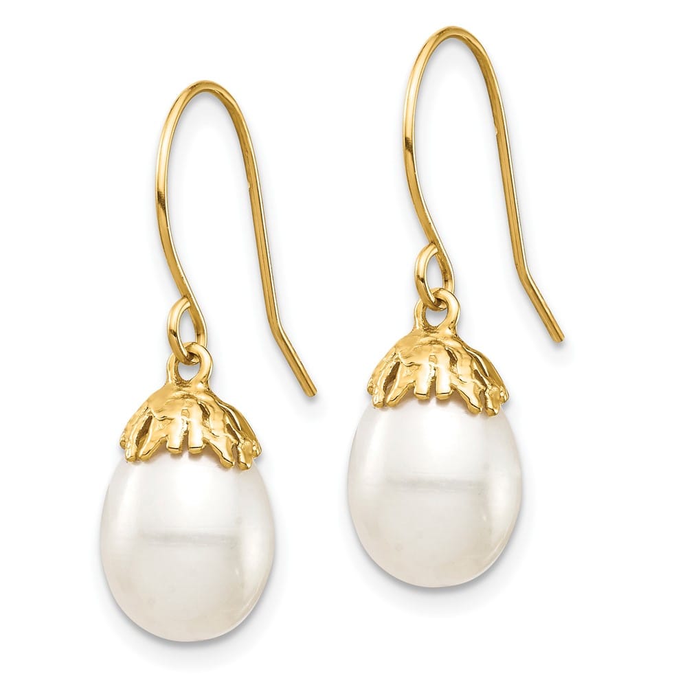 14K Yellow Gold 7-8mm White Rice Freshwater Pearl Shepherd Earrings