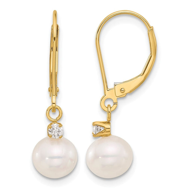 14K Yellow Gold 7-8mm White Round Freshwater Pearl and .10 Earrings