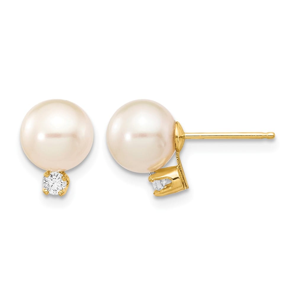 14K Yellow Gold 7-8mm White Round Freshwater Pearl and .10 Earrings