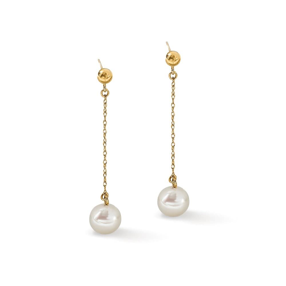 14K Yellow Gold 7-8mm White Round Freshwater Pearl Chain Earrings