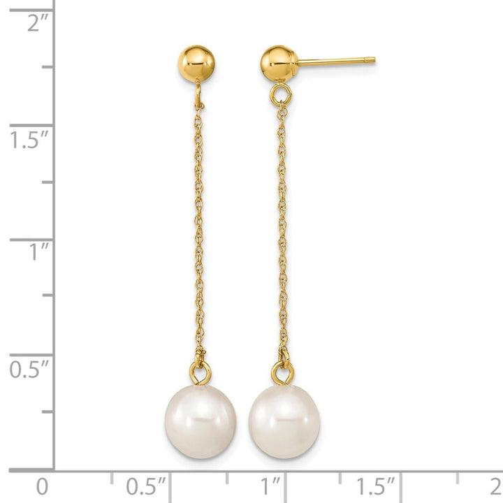 14K Yellow Gold 7-8mm White Round Freshwater Pearl Chain Earrings