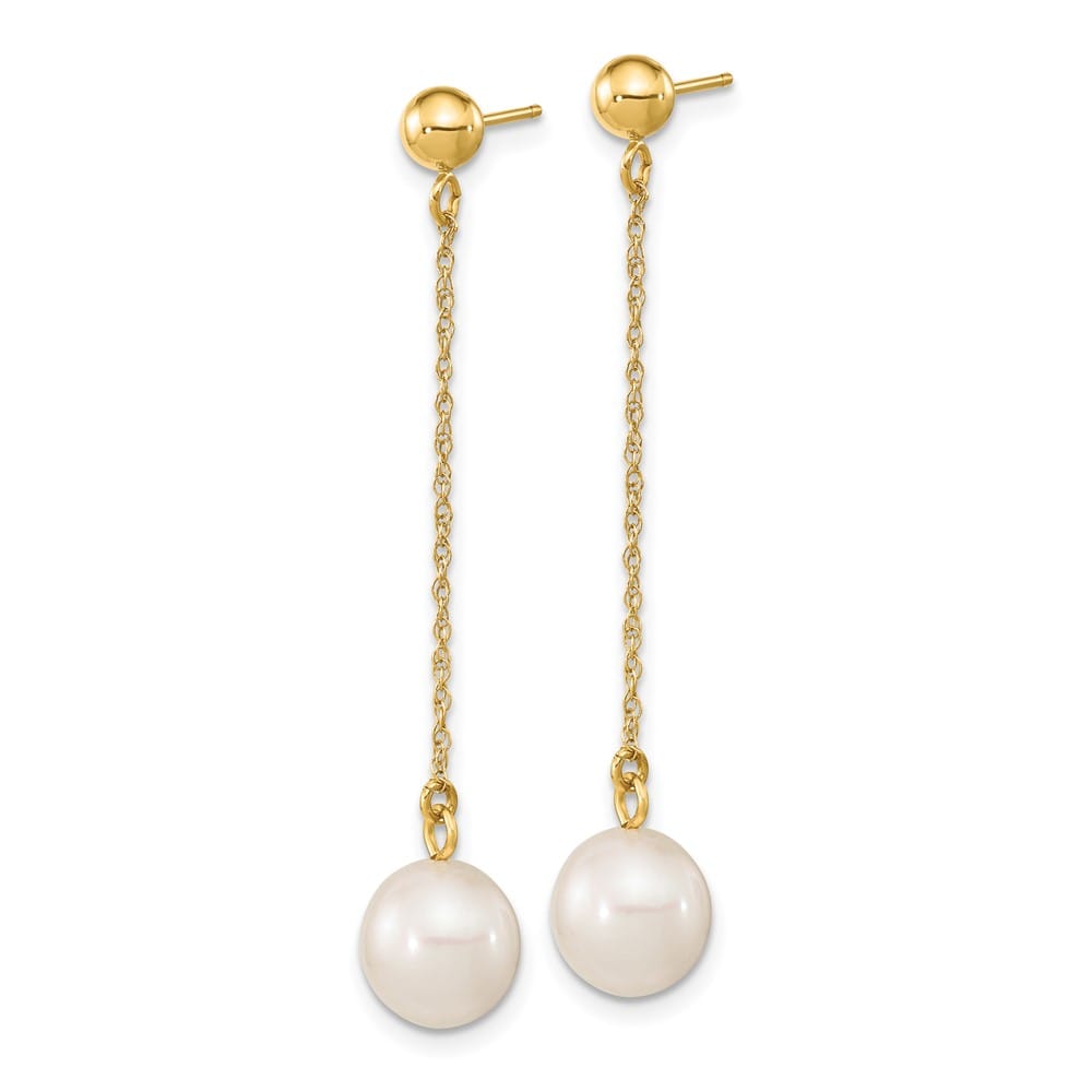 14K Yellow Gold 7-8mm White Round Freshwater Pearl Chain Earrings