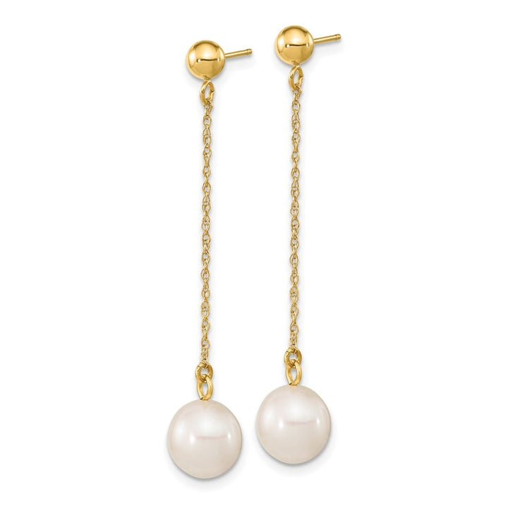 14K Yellow Gold 7-8mm White Round Freshwater Pearl Chain Earrings