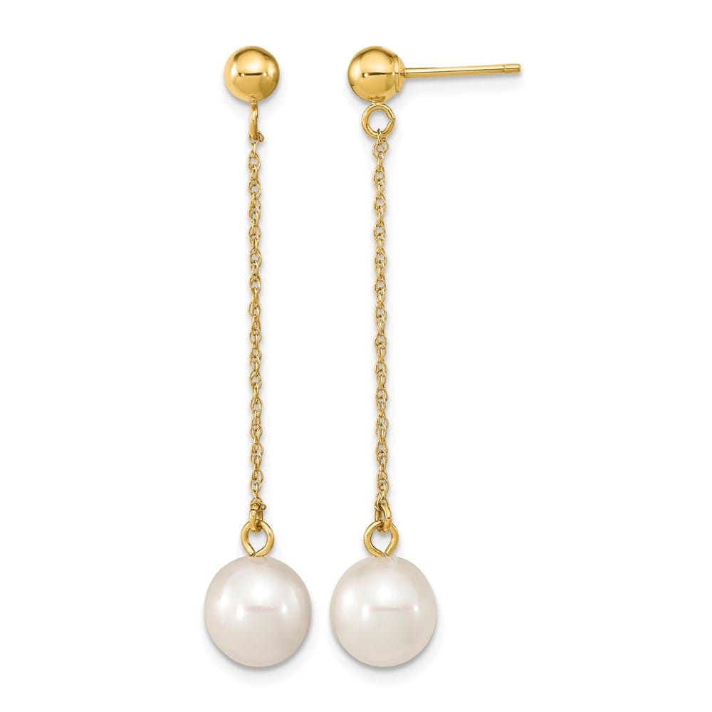 14K Yellow Gold 7-8mm White Round Freshwater Pearl Chain Earrings