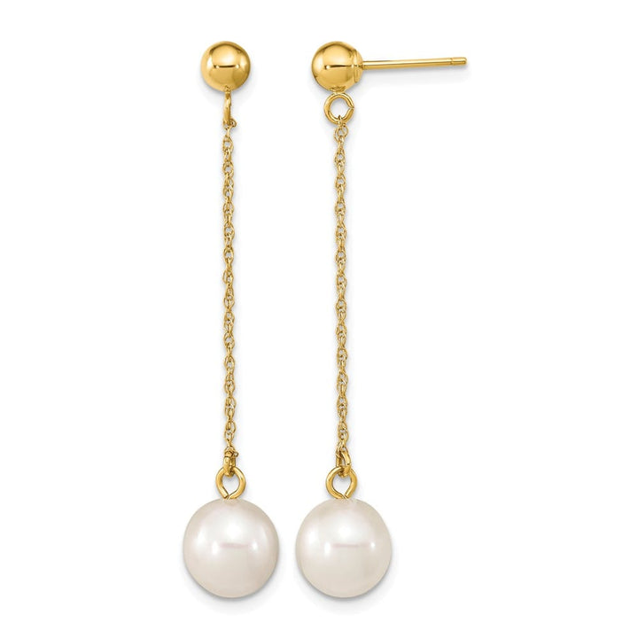 14K Yellow Gold 7-8mm White Round Freshwater Pearl Chain Earrings