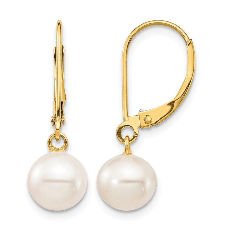 14K Yellow Gold 7-8mm White Round Freshwater Pearl Dangle Earrings