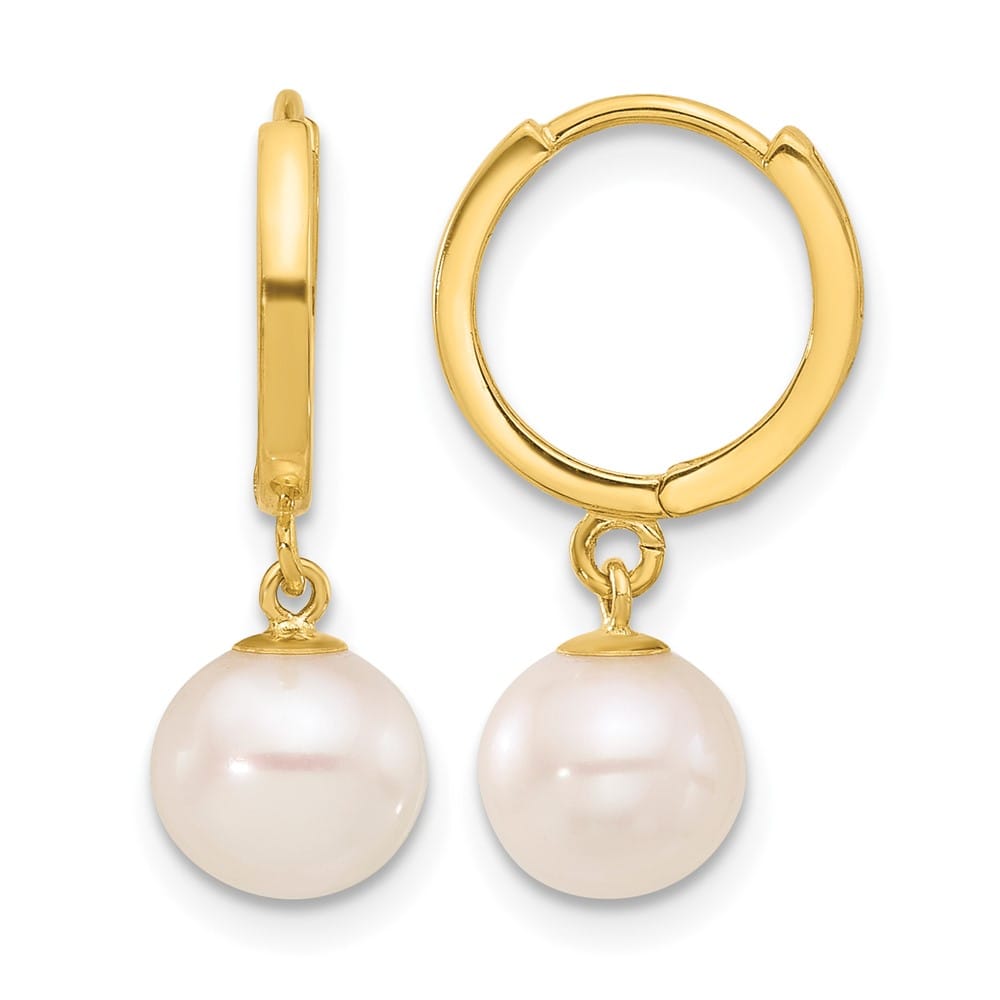 14K Yellow Gold 7-8mm White Round Freshwater Pearl Dangle Earrings