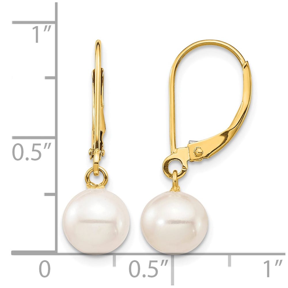 14K Yellow Gold 7-8mm White Round Freshwater Pearl Dangle Earrings
