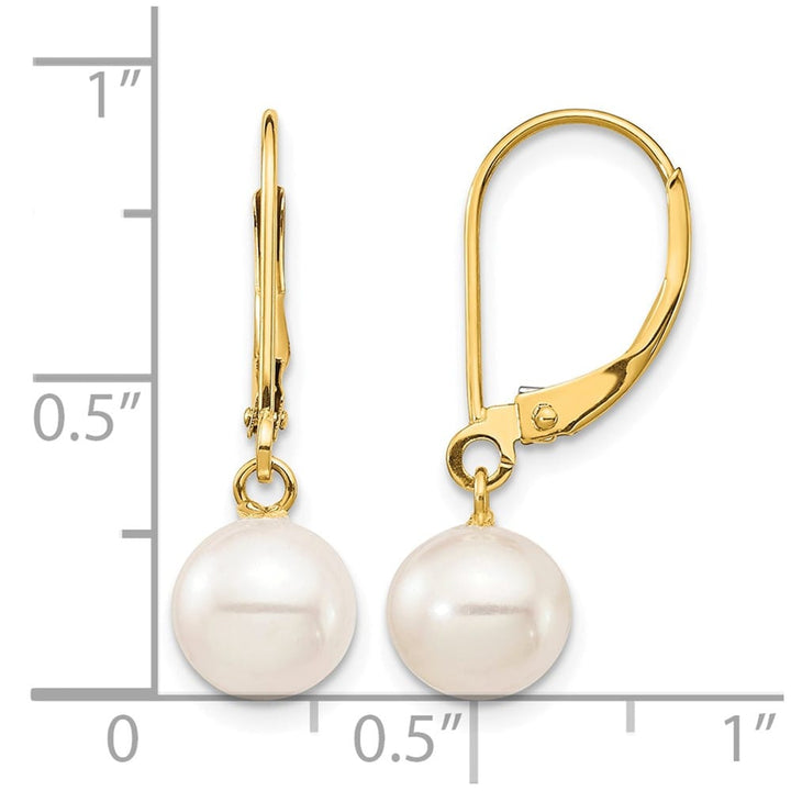 14K Yellow Gold 7-8mm White Round Freshwater Pearl Dangle Earrings