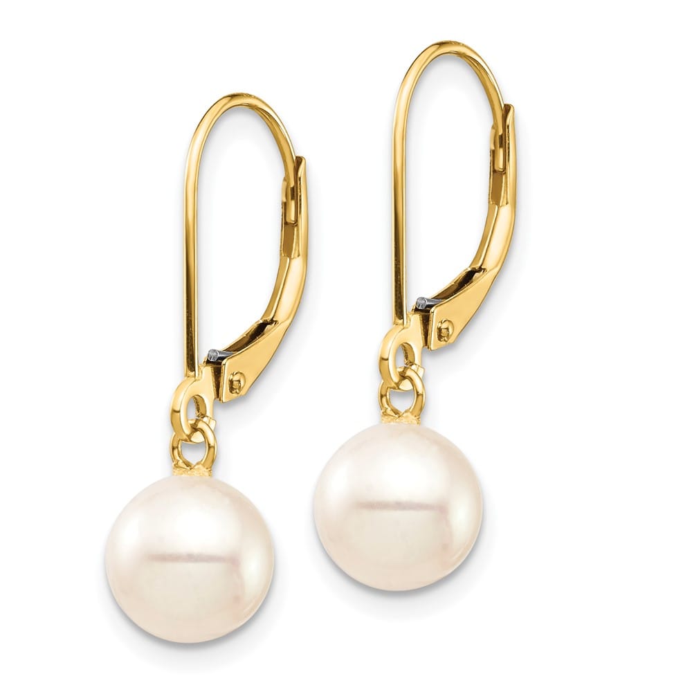 14K Yellow Gold 7-8mm White Round Freshwater Pearl Dangle Earrings