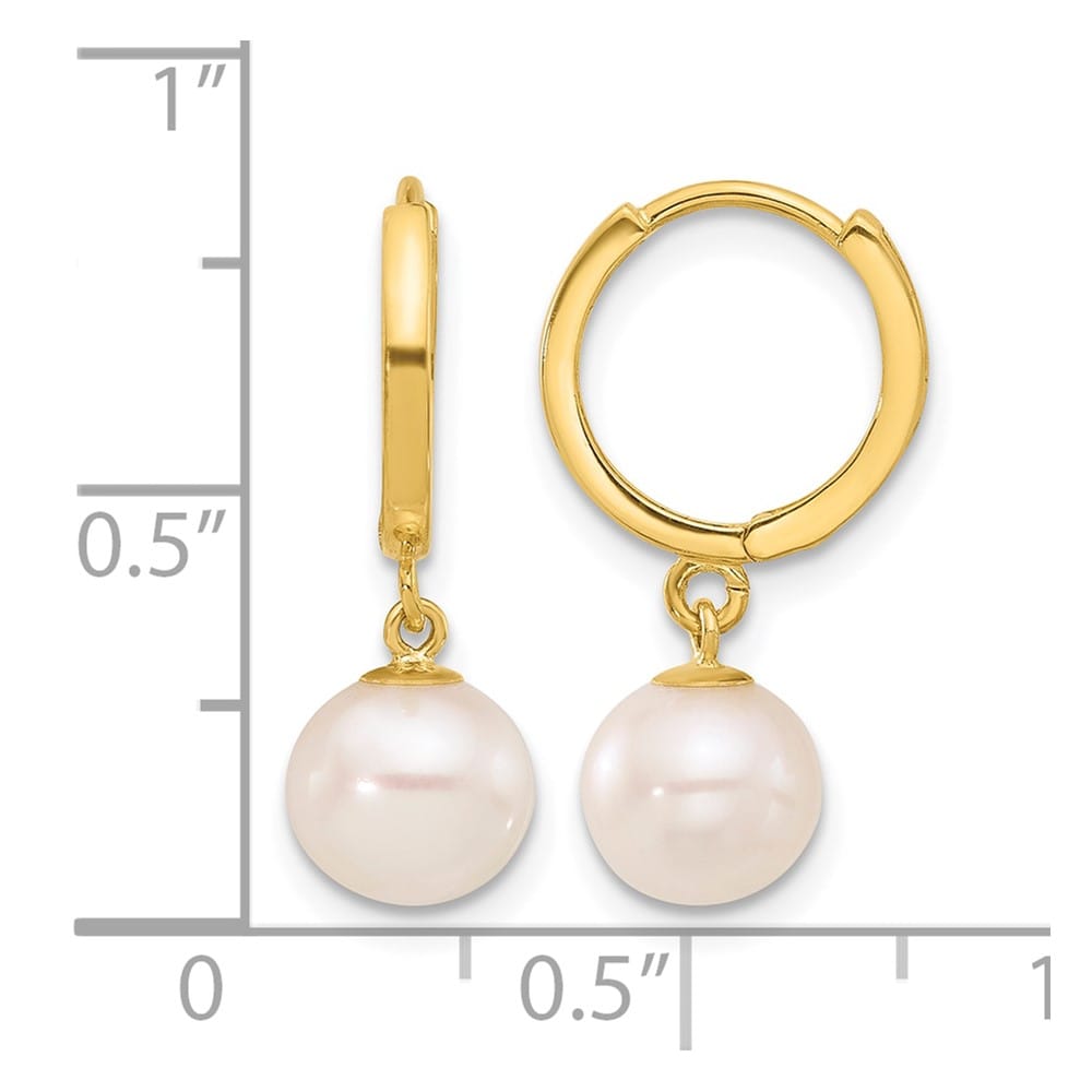 14K Yellow Gold 7-8mm White Round Freshwater Pearl Dangle Earrings