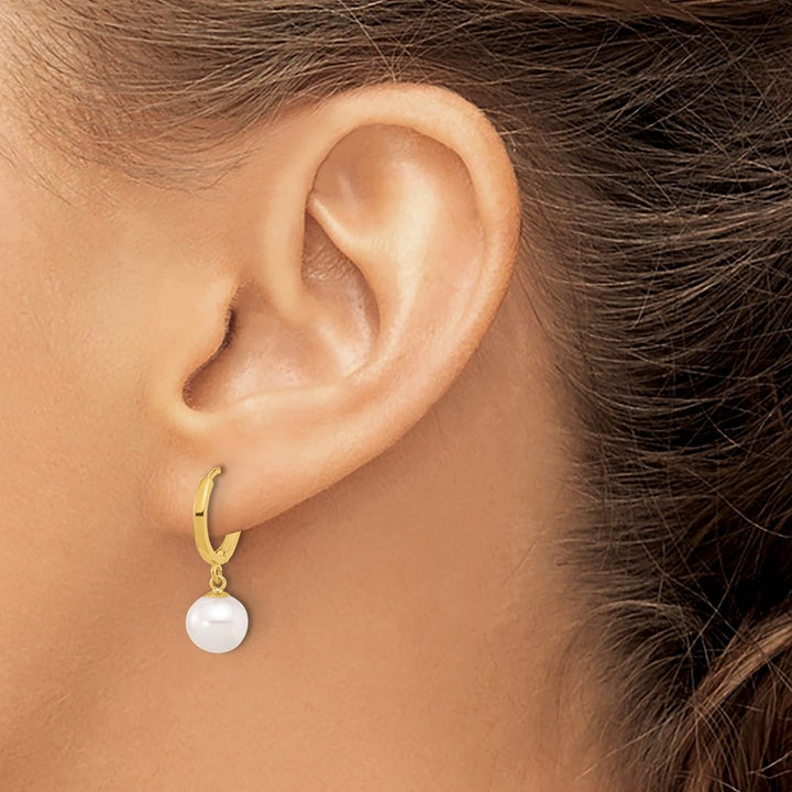 14K Yellow Gold 7-8mm White Round Freshwater Pearl Dangle Earrings