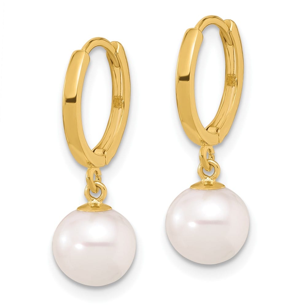 14K Yellow Gold 7-8mm White Round Freshwater Pearl Dangle Earrings