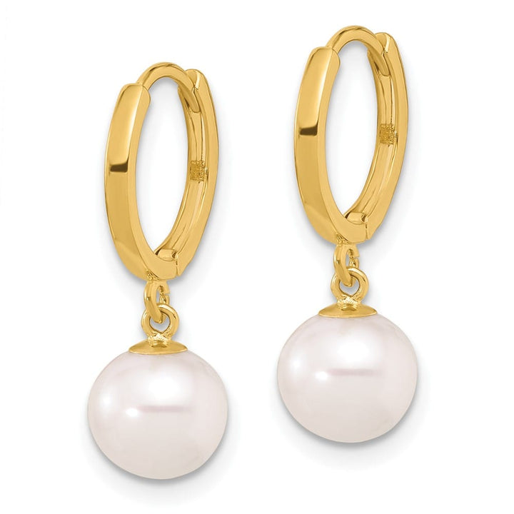 14K Yellow Gold 7-8mm White Round Freshwater Pearl Dangle Earrings