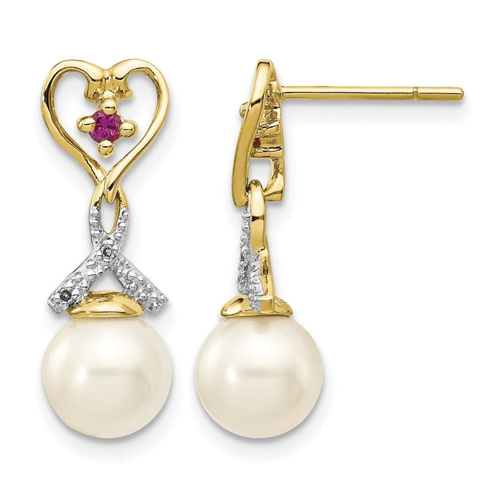 14K Yellow Gold 7-8mm White Round Freshwater Pearl/Lab Earrings