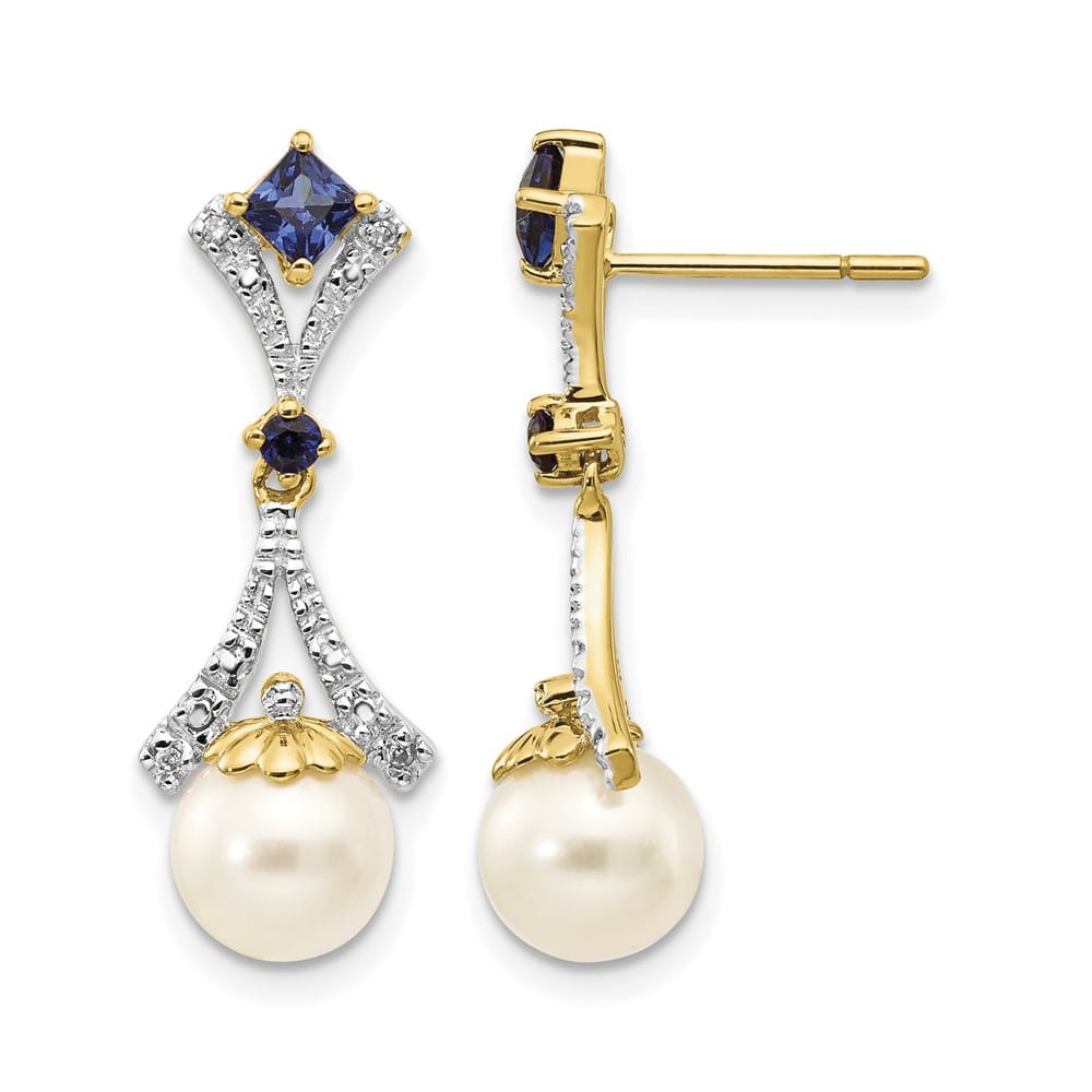14K Yellow Gold 7-8mm White Round Freshwater Pearl/Lab Earrings