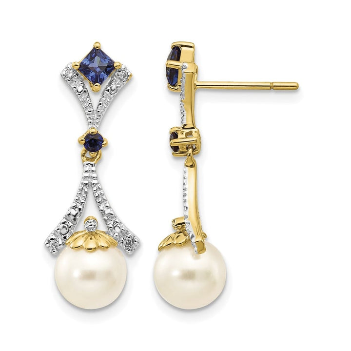 14K Yellow Gold 7-8mm White Round Freshwater Pearl/Lab Earrings