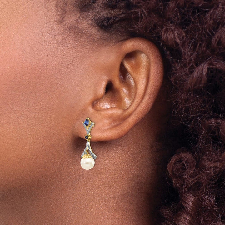 14K Yellow Gold 7-8mm White Round Freshwater Pearl/Lab Earrings