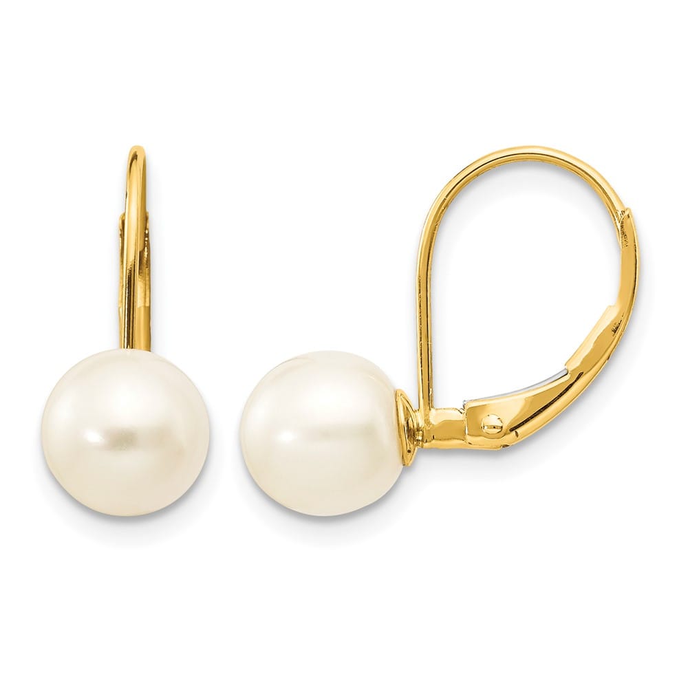 14K Yellow Gold 7-8mm White Round Freshwater Pearl Leverback Earrings