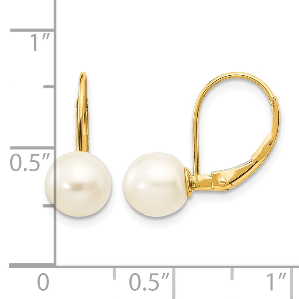 14K Yellow Gold 7-8mm White Round Freshwater Pearl Leverback Earrings