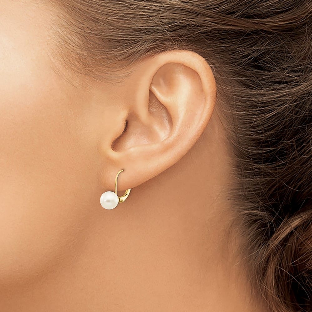 14K Yellow Gold 7-8mm White Round Freshwater Pearl Leverback Earrings