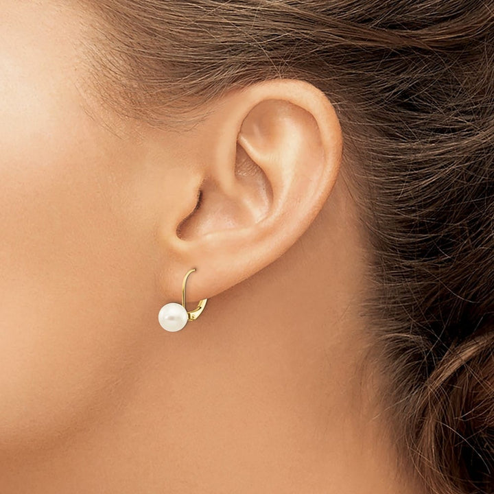 14K Yellow Gold 7-8mm White Round Freshwater Pearl Leverback Earrings