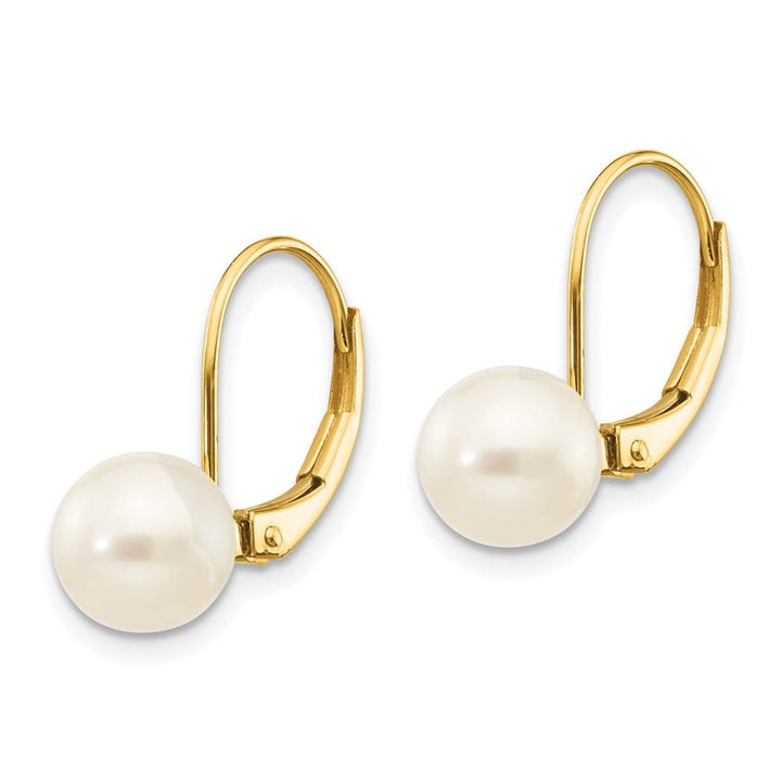 14K Yellow Gold 7-8mm White Round Freshwater Pearl Leverback Earrings
